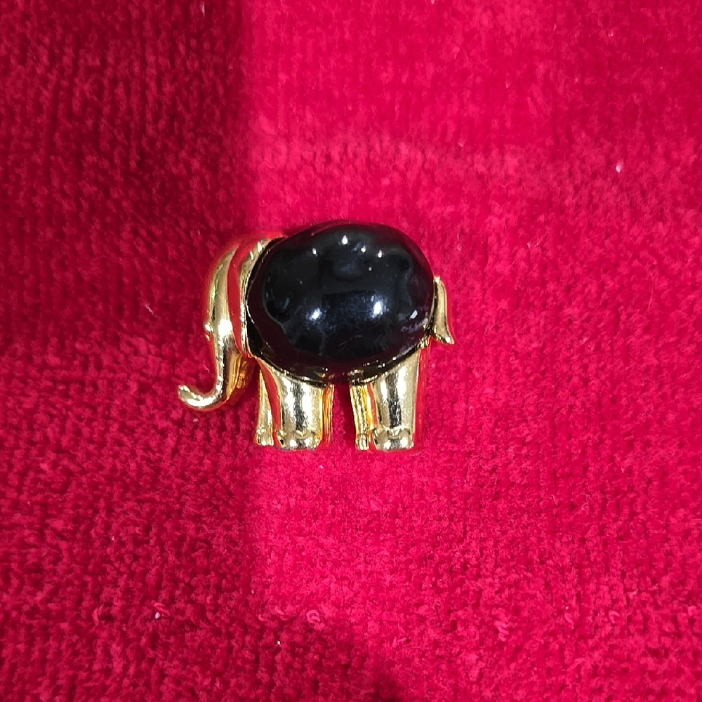 Gold Elephant Brooch with Black Stone by KJL